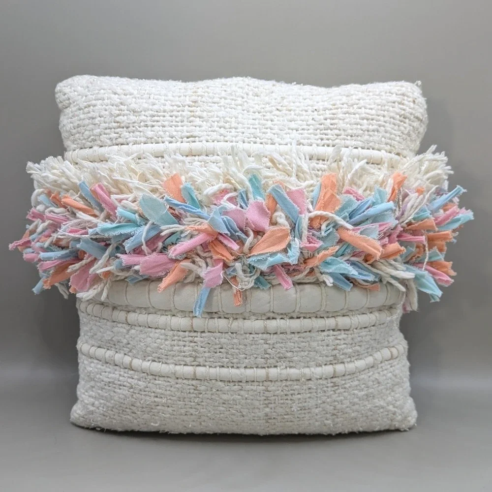 Boho Chunky Textured Woven Throw Pillow Cream Pastel Rag Fringe 10x10